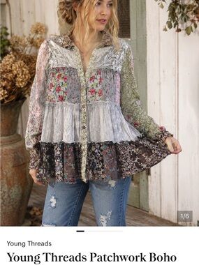 K160 Young Threads Sz XL Long Sleeve Patchwork Boho Tunic Multicolor Floral NWT